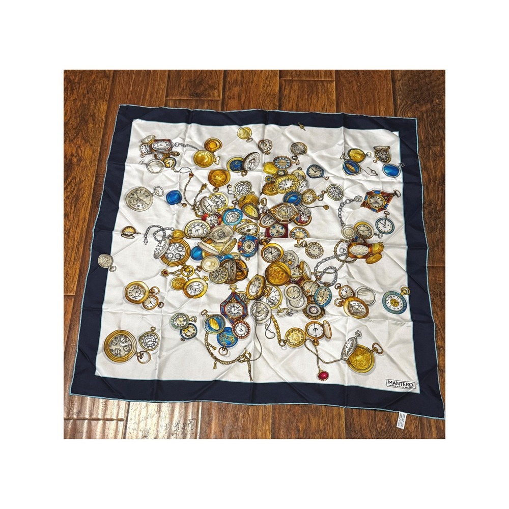 Mantero Silk Scarf White Navy Blue Pocket Watch Clock Print Made in Italy 34x34